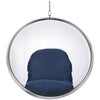 A modern bubble hanging chair with a clear acrylic dome, a silver metal frame, and a navy blue fabric cushion inside, suspended by a chain against a white background.