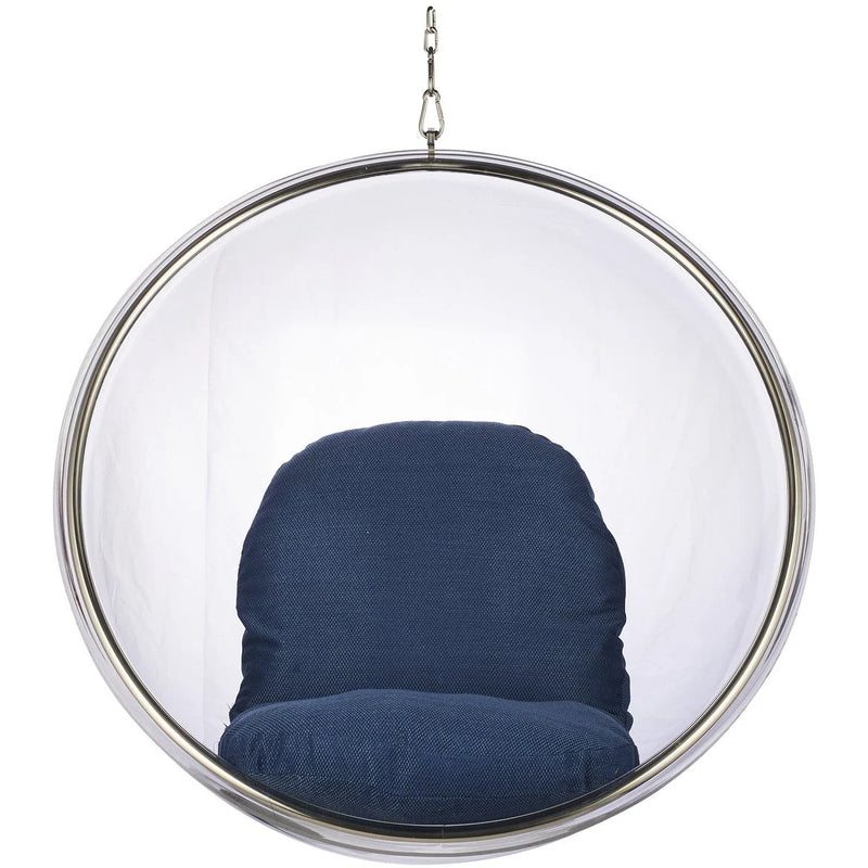 A modern bubble hanging chair with a clear acrylic dome, a silver metal frame, and a navy blue fabric cushion inside, suspended by a chain against a white background.
