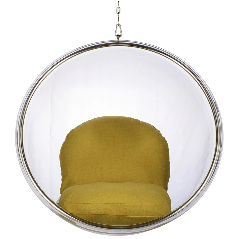 A modern glass hanging bubble chair with a yellow-green cushioned seat and backrest, suspended by a chrome chain against a white background.