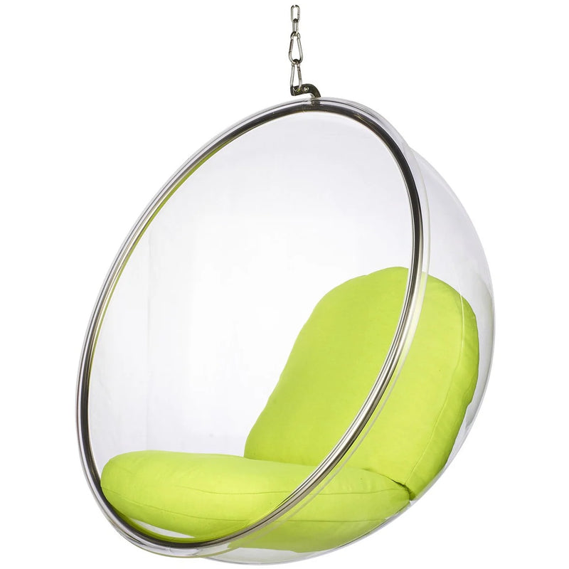 A modern hanging egg chair with a clear transparent plastic or acrylic outer shell, a silver metal rim, and bright lime green cushions for the seat and back, suspended by a chain against a plain white background.