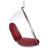 A modern hanging egg chair with a transparent clear plastic shell, a red fabric seat cushion, and a chrome metal support rod, suspended by a chain against a white background.