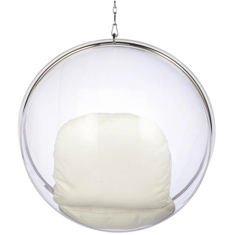 A modern clear hanging bubble chair with a white cushion inside, suspended by a silver metal chain and frame against a plain white background.