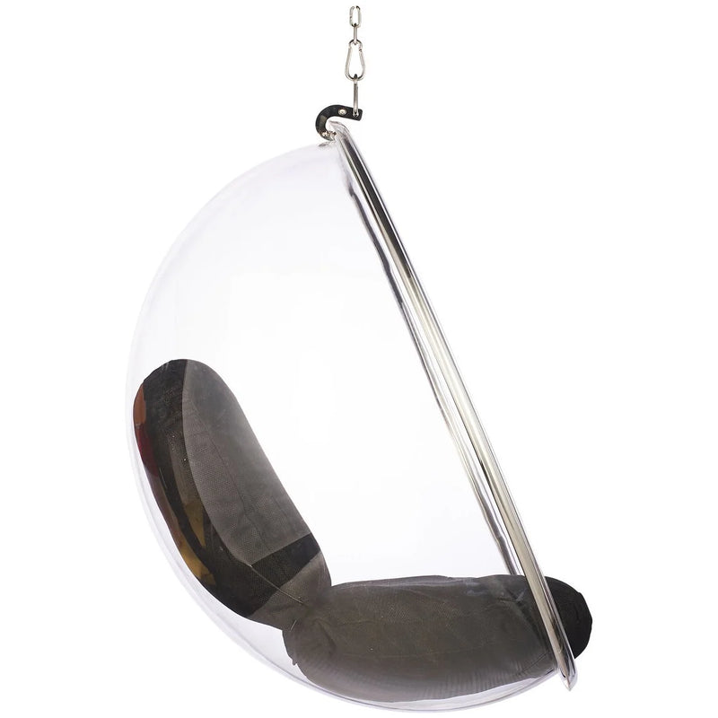 A modern clear acrylic hanging egg chair with a dark gray cushion inside, suspended by a silver metal frame and chain against a white background.