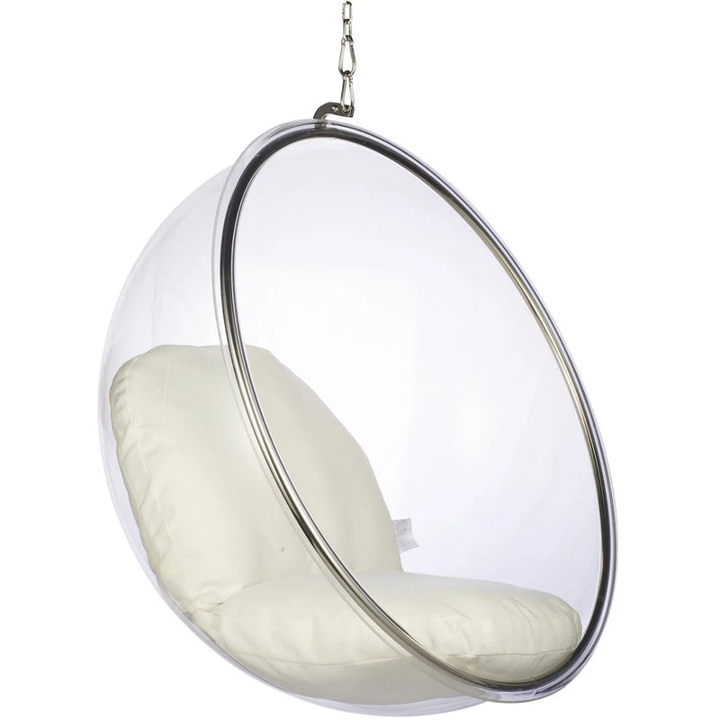 A clear hanging bubble chair with a white cushioned seat and backrest, suspended by a silver metal chain and frame, shown against a plain white background.