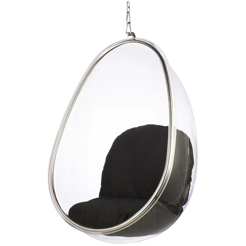 Clear hanging egg chair with a black cushioned seat and backrest, suspended by a silver metal frame and chain against a white background.