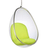 Clear hanging egg chair with a bright lime green cushioned seat and backrest, suspended by a silver metal frame and chain against a white background.
