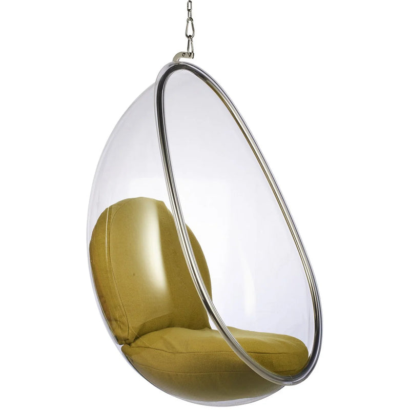 A modern hanging egg chair with a clear transparent shell and olive green cushioned seat and backrest, suspended by a metal chain with a silver frame.