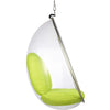 A modern hanging egg chair with a clear plastic shell, a silver metal support frame, and bright lime green cushions inside, suspended by a chain against a white background.