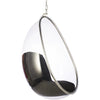 A modern teardrop-shaped hanging egg chair with a clear plastic shell, a polished silver metal frame, and a black cushion inside, suspended by a chain against a white background.