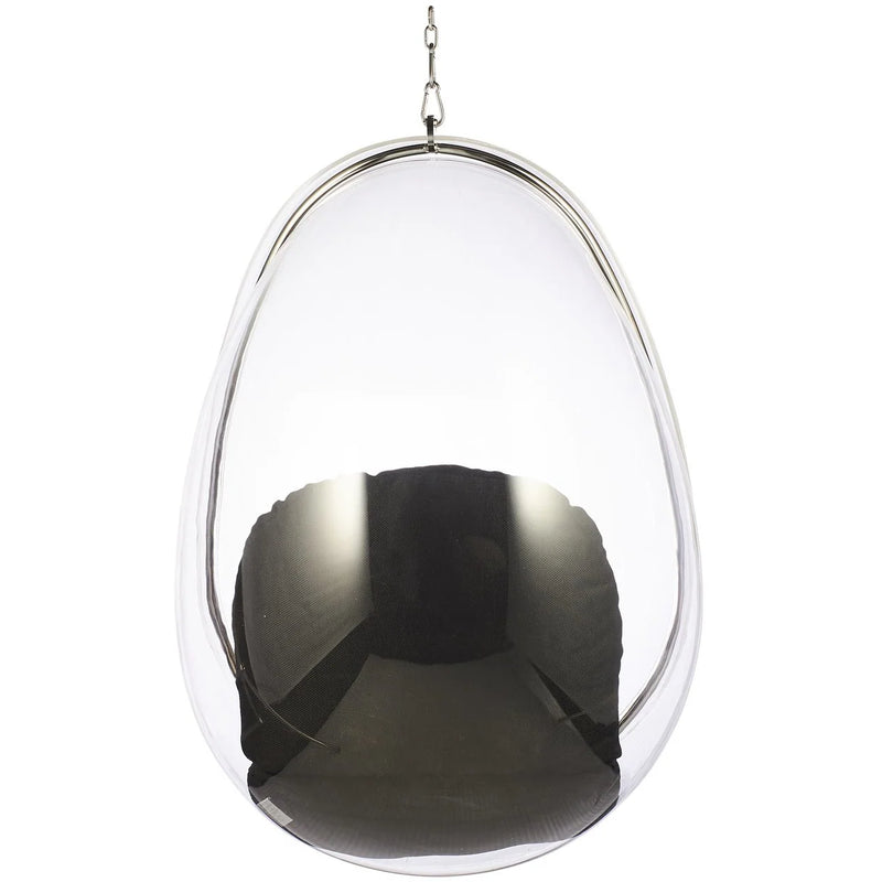 A modern egg-shaped hanging chair with a clear smoked glass body and a polished silver metal frame, suspended by a chain against a white background.