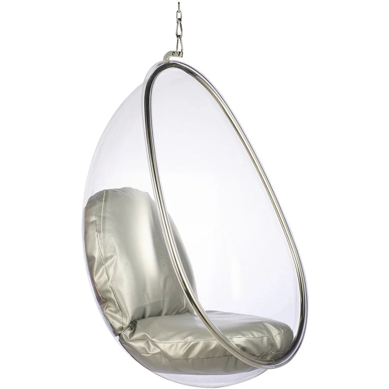 A clear hanging egg chair with a metallic silver frame and light gray cushioned seat and backrest, suspended by a chain against a white background.