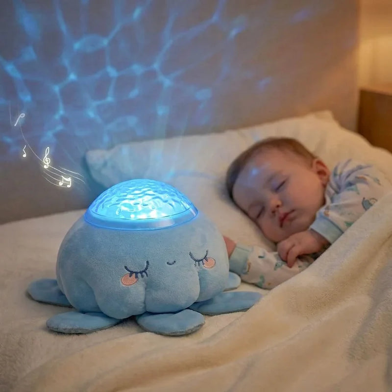 Blue Jellyfish Nightlight beside a sleeping baby, with water-effect light patterns on the wall