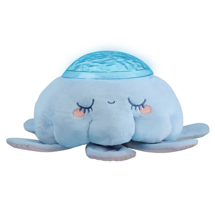 Blue plush Jellyfish Nightlight with embroidered sleepy eyes and a translucent projection dome