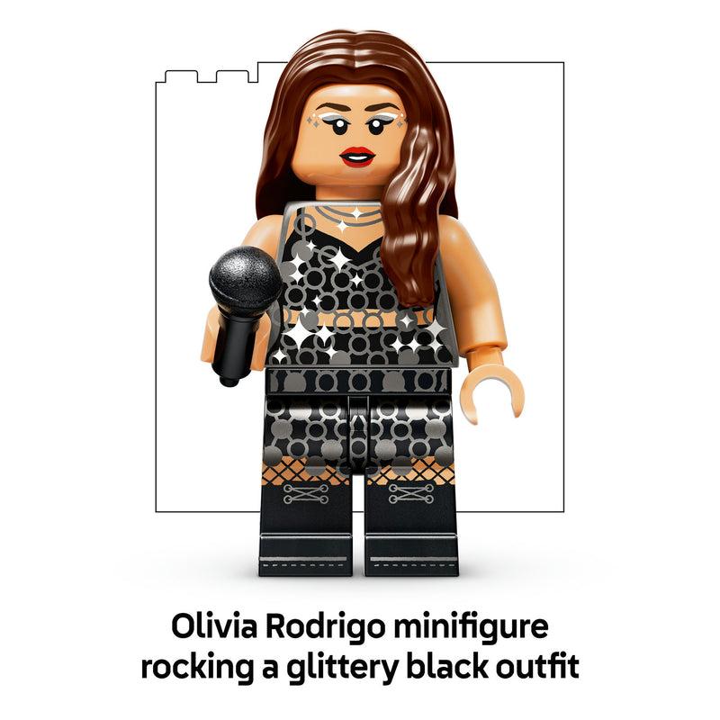 Olivia Rodrigo minifigure holding a microphone, wearing a glittery black outfit
