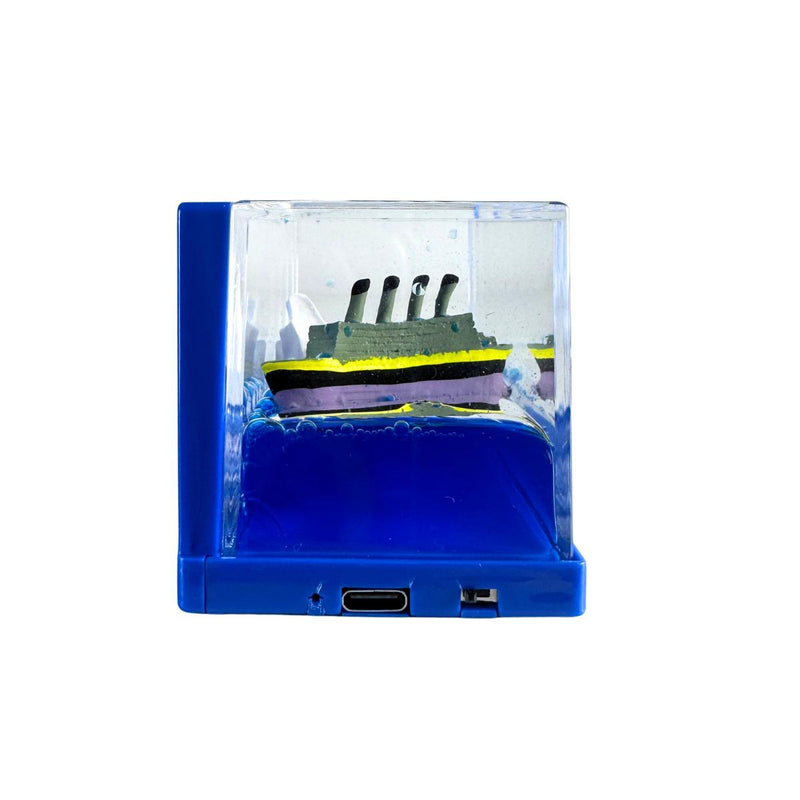 End view of the Light Up Ship Liquid Timer showing charging port and switch