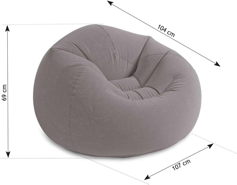 Gray bean bag chair with dimensions marked on a white background