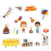 17 birthday-themed foam bath pieces, including children, a dog, cakes, balloons, presents and party decorations.