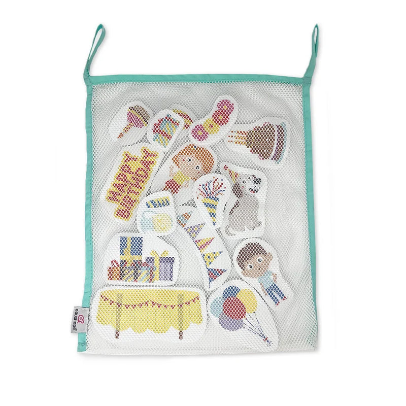 Mesh storage bag with green edging and hanging loops, holding the Birthday Party foam bath pieces