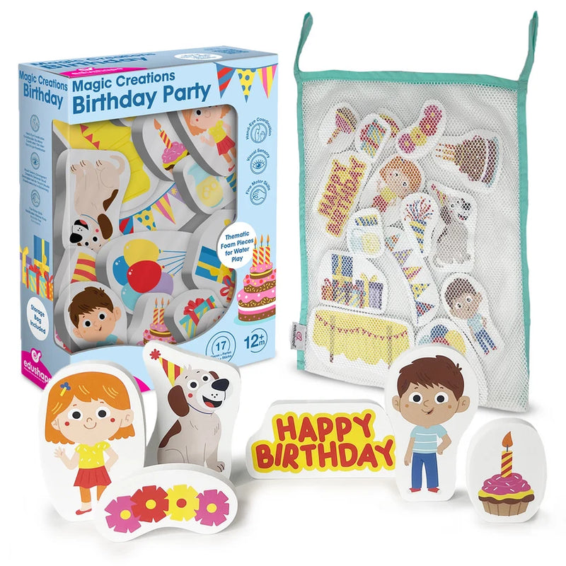 Edushape Magic Creations Birthday Party foam bath toy set with packaging, mesh storage bag and colourful party-themed pieces.