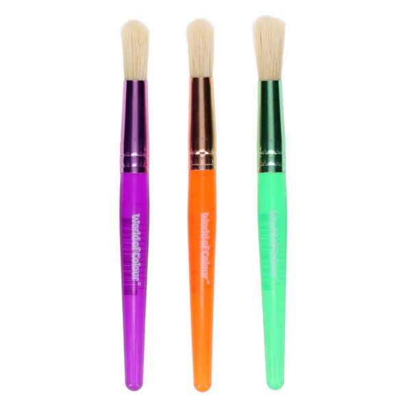 Three World of Colour Big Grippers round-head paint brushes with purple, orange and green handles

