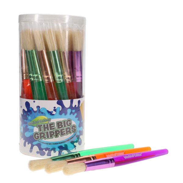 The Big Grippers paint brush packaging tube holding round-head brushes, with three loose brushes in front
