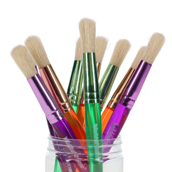 World of Colour Big Grippers round-head paint brushes with colourful handles standing in a glass jar
