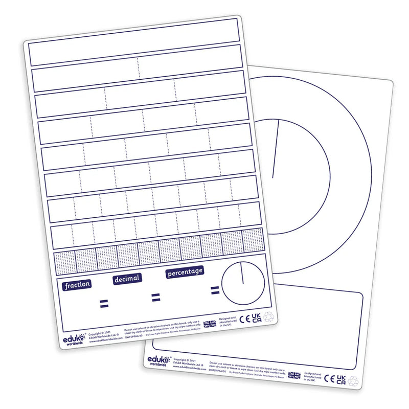Pupils Dry Wipe Fraction, Decimal, Percentage, Pie Boards Pack of 30, Learning SPACE