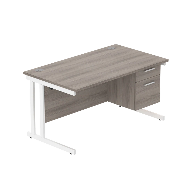 Rectangular Desk + 2 Drawer Fixed Pedestal, 1400 X 800 Alaskan Grey Oak White Learning SPACE