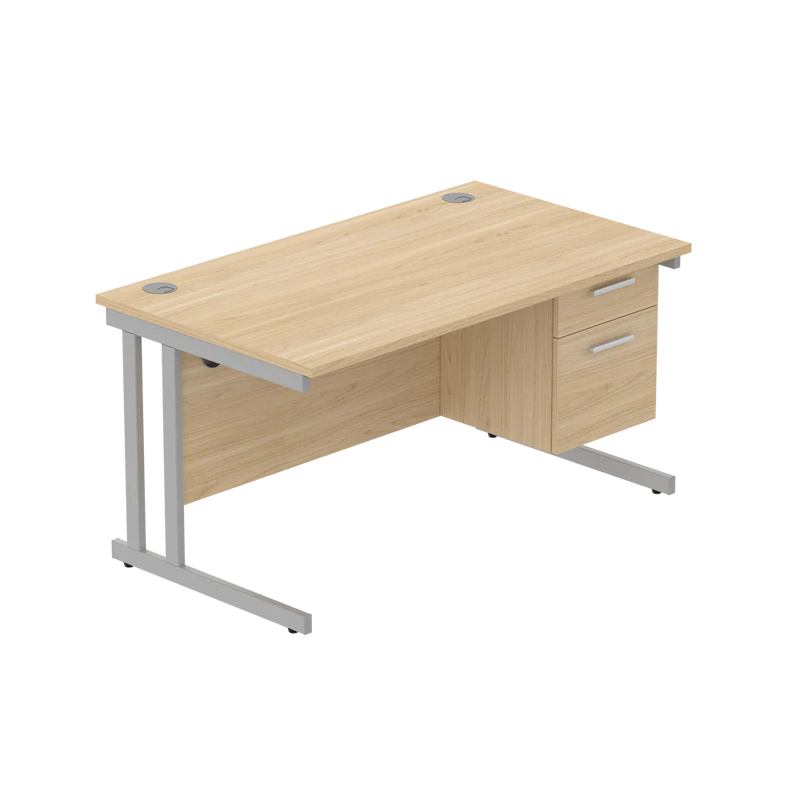 Rectangular Desk + 2 Drawer Fixed Pedestal, 1400 X 800 Canadian Oak Silver Learning SPACE
