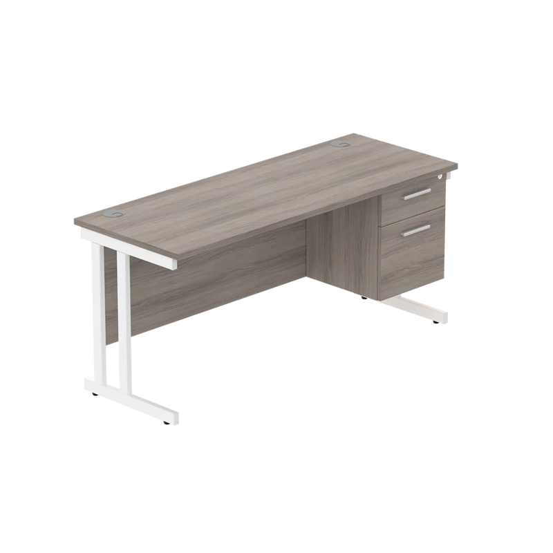 Rectangular Desk + 2 Drawer Fixed Pedestal, 1600 X 600 Alaskan Grey Oak White Learning SPACE