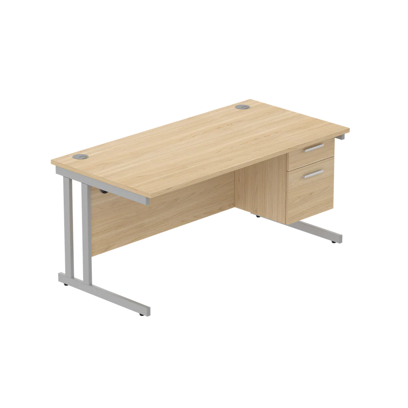 Rectangular Desk + 2 Drawer Fixed Pedestal, 1600 X 800 Canadian Oak Silver Learning SPACE
