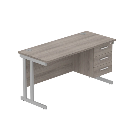 Rectangular Desk + 3 Drawer Fixed Pedestal, 1400 X 600 Alaskan Grey Oak Silver Learning SPACE