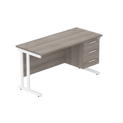 Rectangular Desk + 3 Drawer Fixed Pedestal, 1400 X 600 Alaskan Grey Oak White Learning SPACE