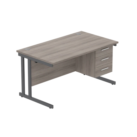 Rectangular Desk + 3 Drawer Fixed Pedestal, 1400 X 800 Alaskan Grey Oak Graphite Learning SPACE