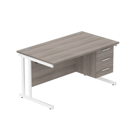 Rectangular Desk + 3 Drawer Fixed Pedestal, 1400 X 800 Alaskan Grey Oak White Learning SPACE