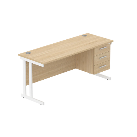 Rectangular Desk + 3 Drawer Fixed Pedestal, 1600 X 600 Canadian Oak White Learning SPACE