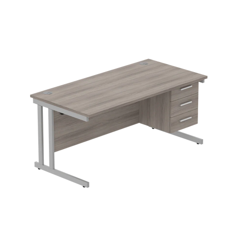 Rectangular Desk + 3 Drawer Fixed Pedestal, 1600 X 800 Alaskan Grey Oak Silver Learning SPACE