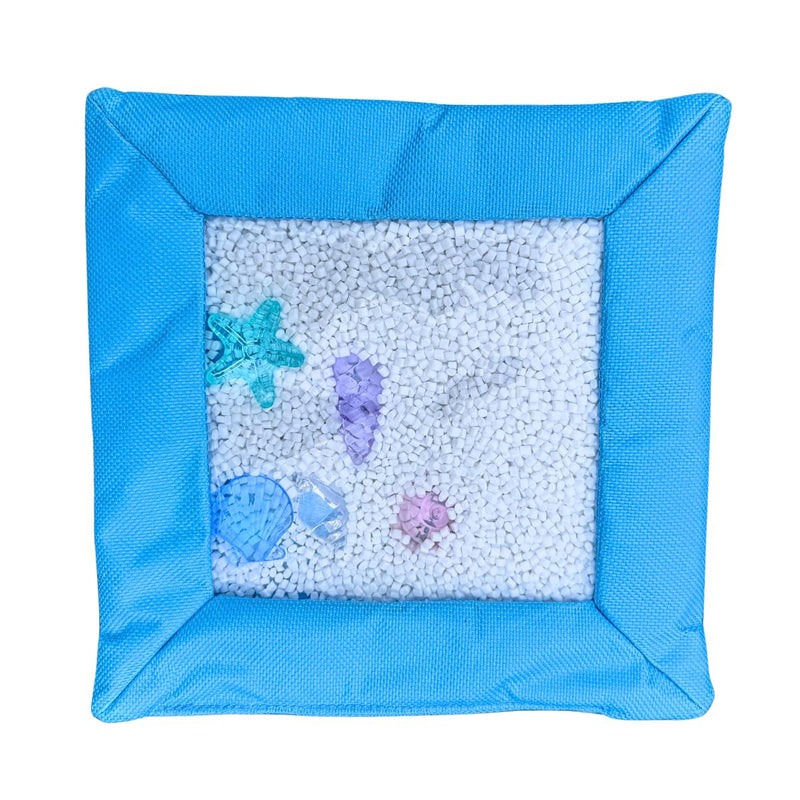 Blue Sensory Touch and Search Bag with sea-creature shapes among white filling