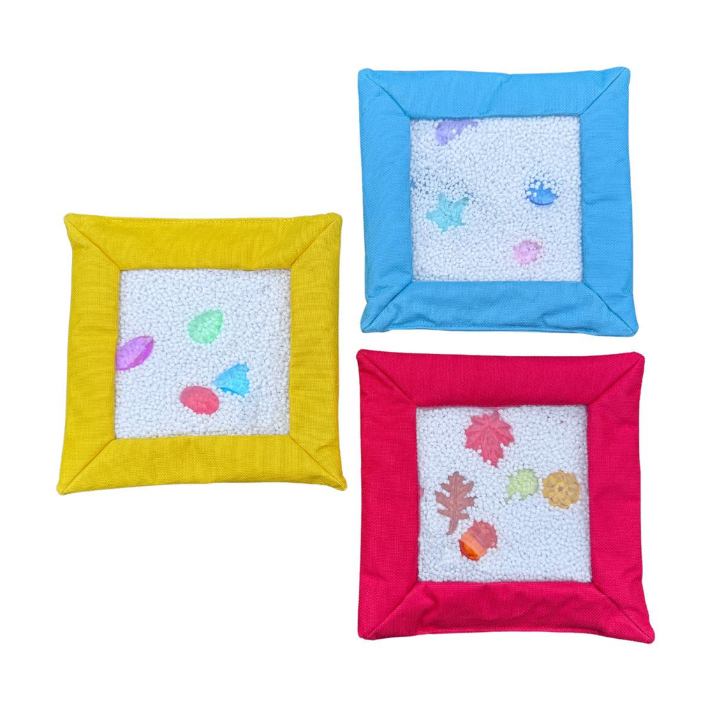 Set of three Sensory Touch and Search Bags with yellow, blue and red borders