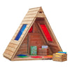 Sky View Forest Fern wooden A-frame playhouse with red and blue window panels