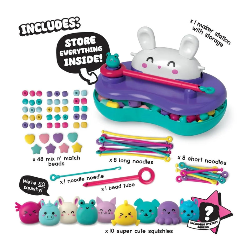 Toy set with colorful beads, noodles, and squishies on a white background