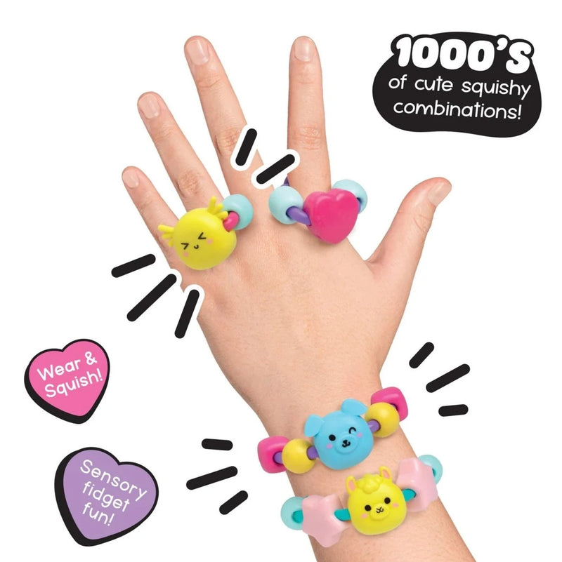 Hand wearing colorful squishy bracelets with text about combinations and sensory fun.