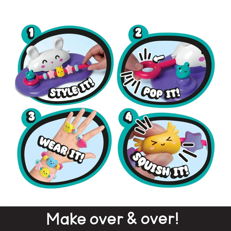 Step-by-step process of using a toy with text labels on a white background