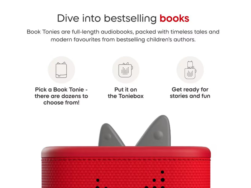 How Book Tonies work: choose a Book Tonie and place it on a Toniebox to listen