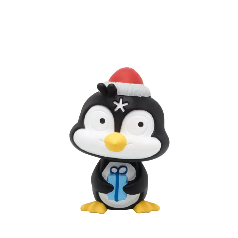 Tonies Christmas Songs and Carols penguin figure wearing a Santa hat and holding a blue present