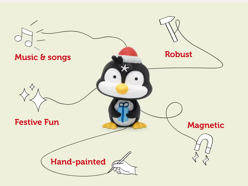 Christmas penguin Tonie feature graphic highlighting music, festive fun, magnetic attachment and hand-painted detail