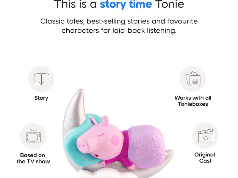 Peppa’s Bedtime Stories graphic highlighting original-cast stories and compatibility with all Tonieboxes