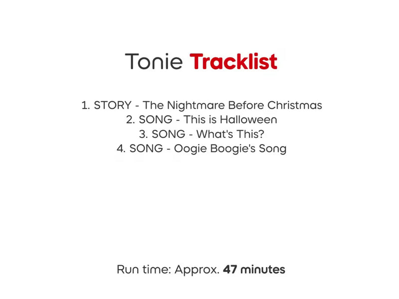 The Nightmare Before Christmas track-list graphic showing the story and three songs