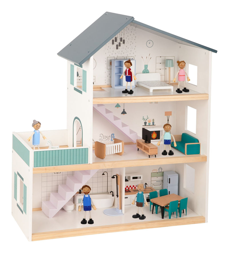 Wooden Doll House – Fully Furnished with Family of 6, Learning SPACE