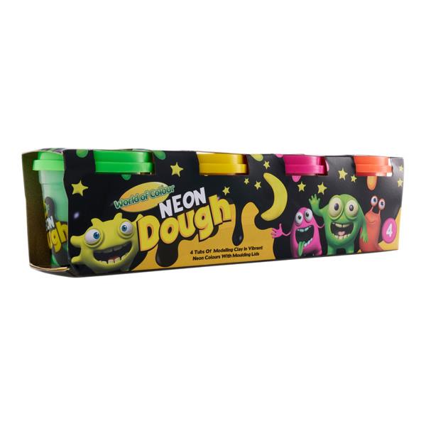World of Colour 4 x 140g Neon Play Dough Pots with Mould Lid, Learning SPACE